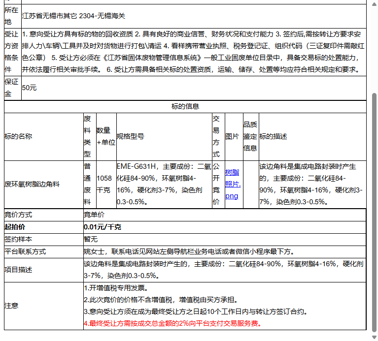 （非保）无锡通芝微电子有限公司废环氧树脂边角料转让公告