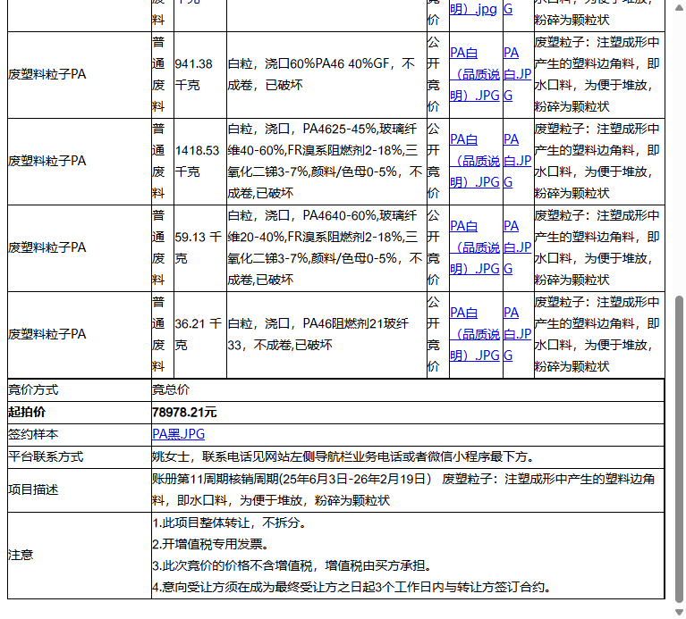 苏州凯旋机电元件有限公司废塑料粒子PA等一批普通废料转让公告
