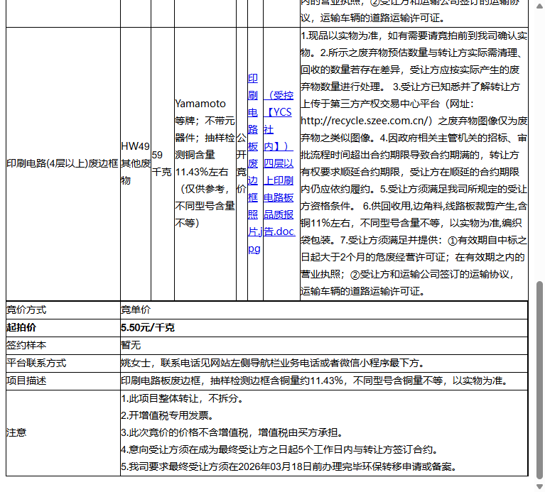 横河电机（苏州）有限公司印刷电路(4层及以下)废边框、印刷电路(4层以上)废边框转让公告