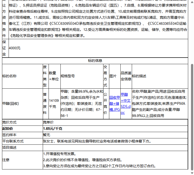 长春化工(江苏)有限公司甲醇(回收)转让公告