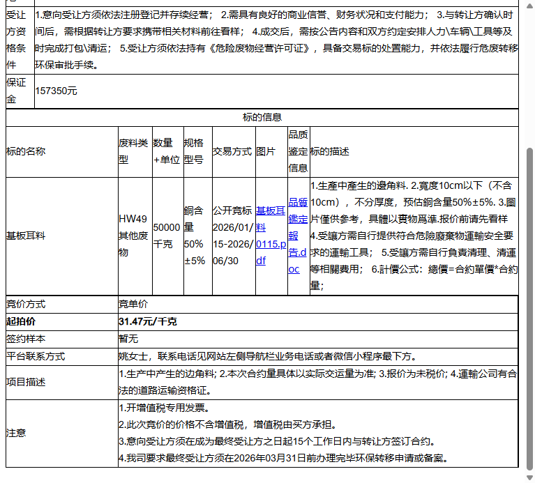 南亚电子材料（昆山） 有限公司基板耳料转让公告