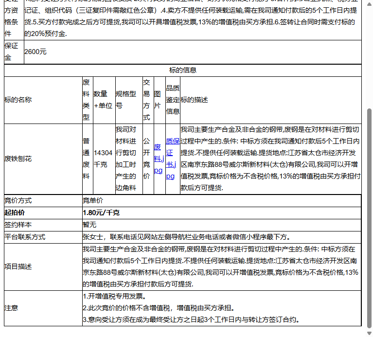 太仓威尔斯－克恩．里伯斯新材料有限公司废铁刨花转让公告