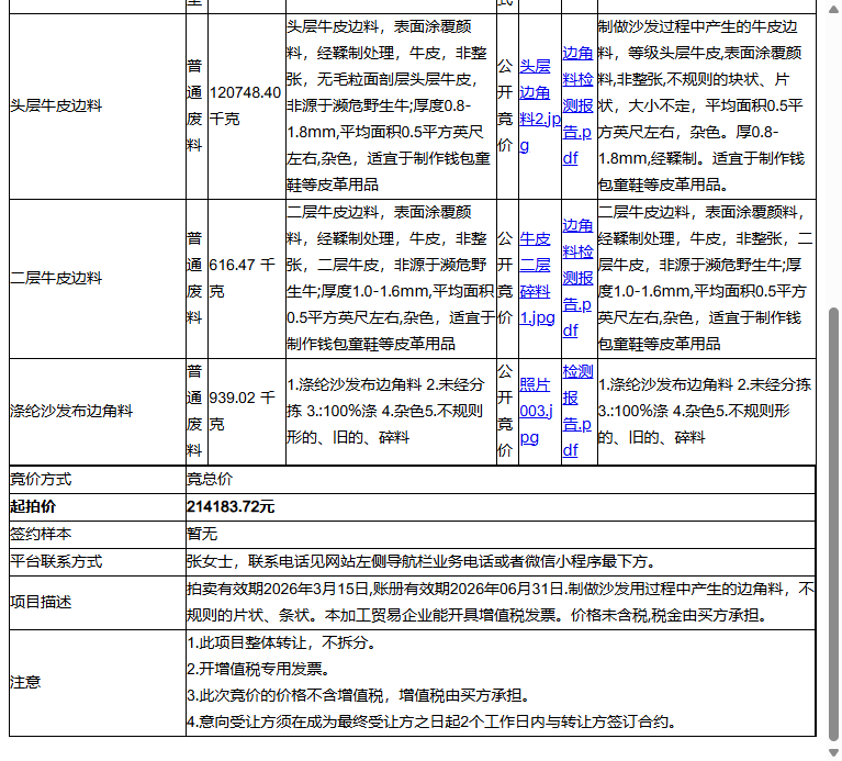 华达利家具（常熟）有限公司头层牛皮边料、二层牛皮边料等一批普通废料转让公告