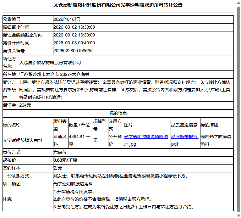 太仓展新胶粘材料股份有限公司光学透明胶膜边角料转让公告