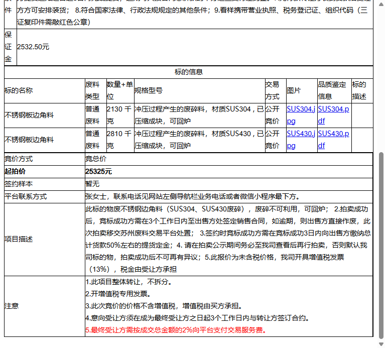 （非保）苏州州巧精密金属有限公司不锈钢板边角料、不锈钢板边角料转让公告