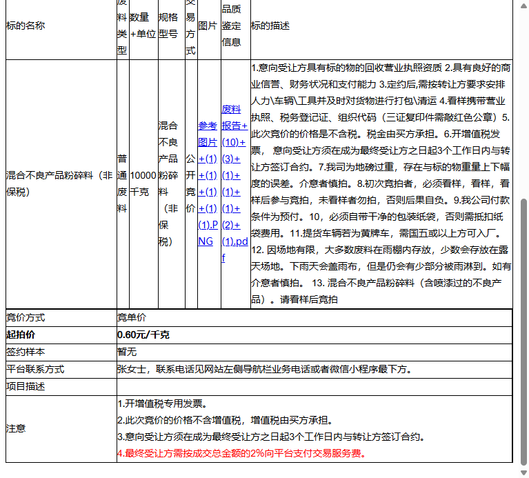 （非保）绿点（苏州）科技有限公司混合不良产品粉碎料（非保税）转让公告