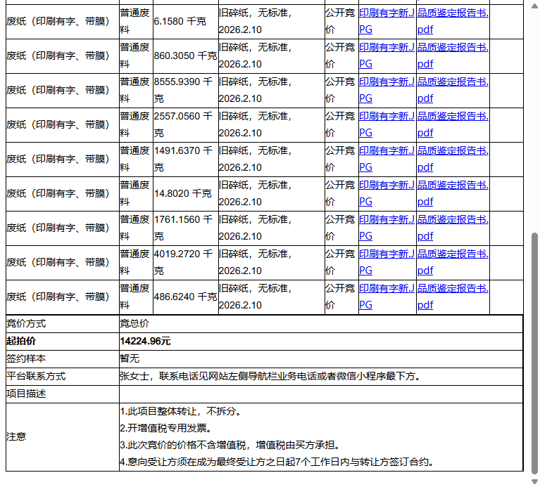 苏州工业园区明扬彩色包装印刷有限公司废纸（印刷有字、带膜）、废纸（印刷有字、带膜）等一批普通废料转让公告