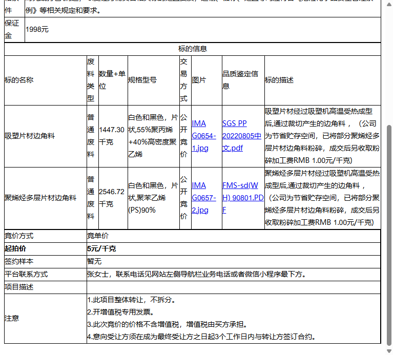 昆山裕达塑胶包装有限公司吸塑片材边角料、聚烯烃多层片材边角料转让公告