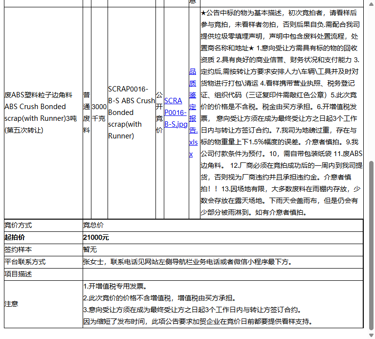 耐普罗塑胶模具（苏州）有限公司废ABS塑料粒子边角料ABS 3吨-受让方需具备回收资质，需提供垃圾零填埋声明转让公告