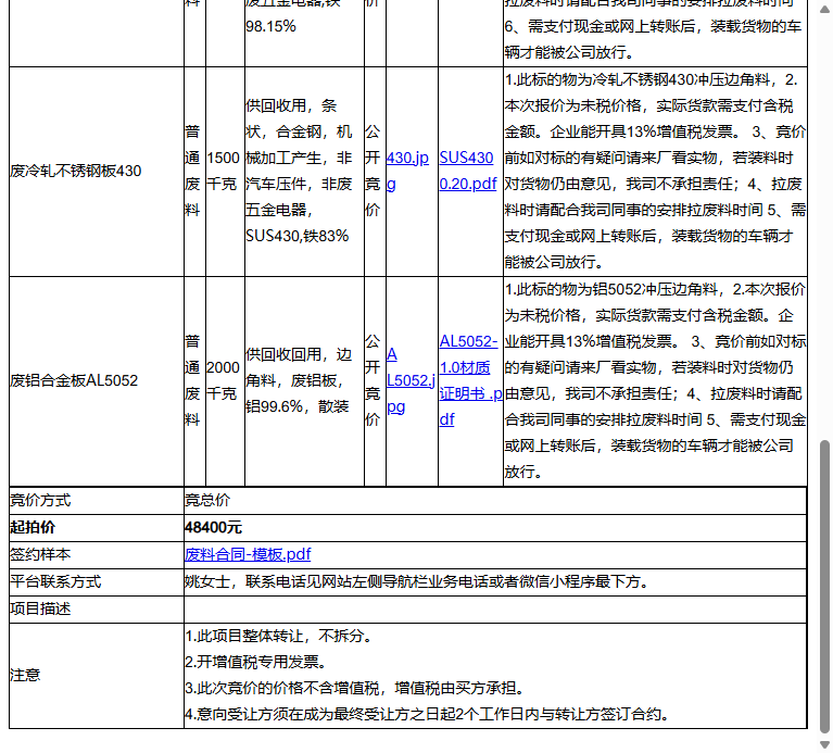 苏州全毅源科技有限公司废铝合金板AL5052、废冷轧不锈钢板430等一批普通废料转让公告