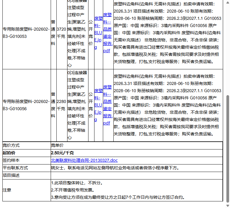 北美联通讯科技（苏州）有限公司专用账册废塑料-202602-B3转让公告