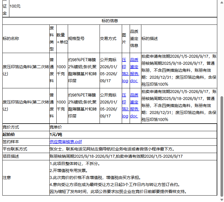 饰而杰汽车制品（苏州）有限公司废压印箔边角料转让公告