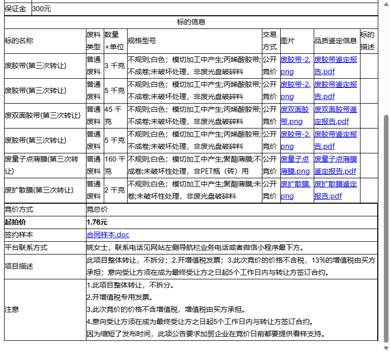 苏州锦富技术股份有限公司废量子点薄膜、废双面胶带等一批普通废料转让公告