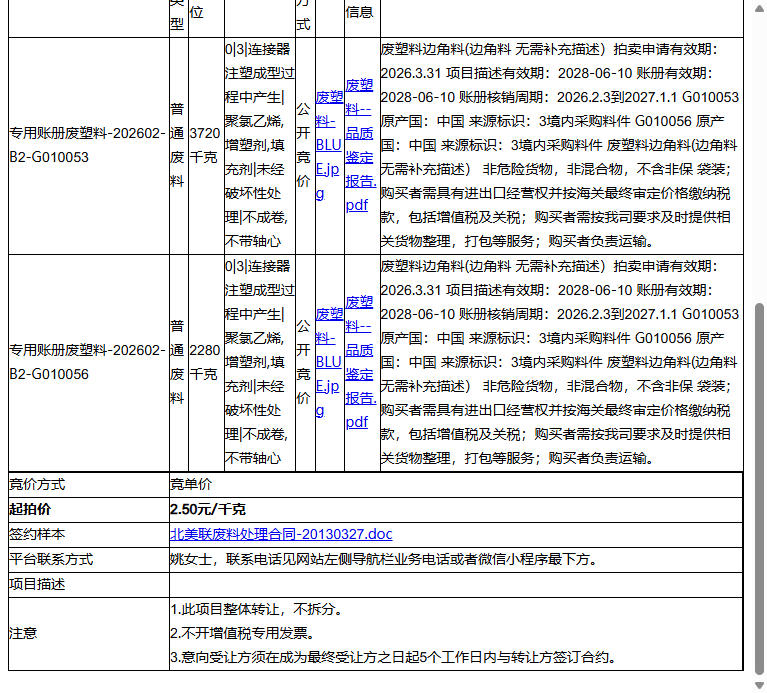 北美联通讯科技（苏州）有限公司专用账册废塑料-202602-B2转让公告