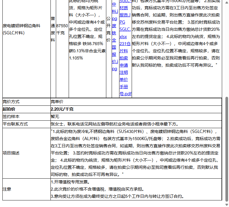 嘉彰科技(苏州)有限公司废电镀铝锌钢边角料(SGLC片料）转让公告