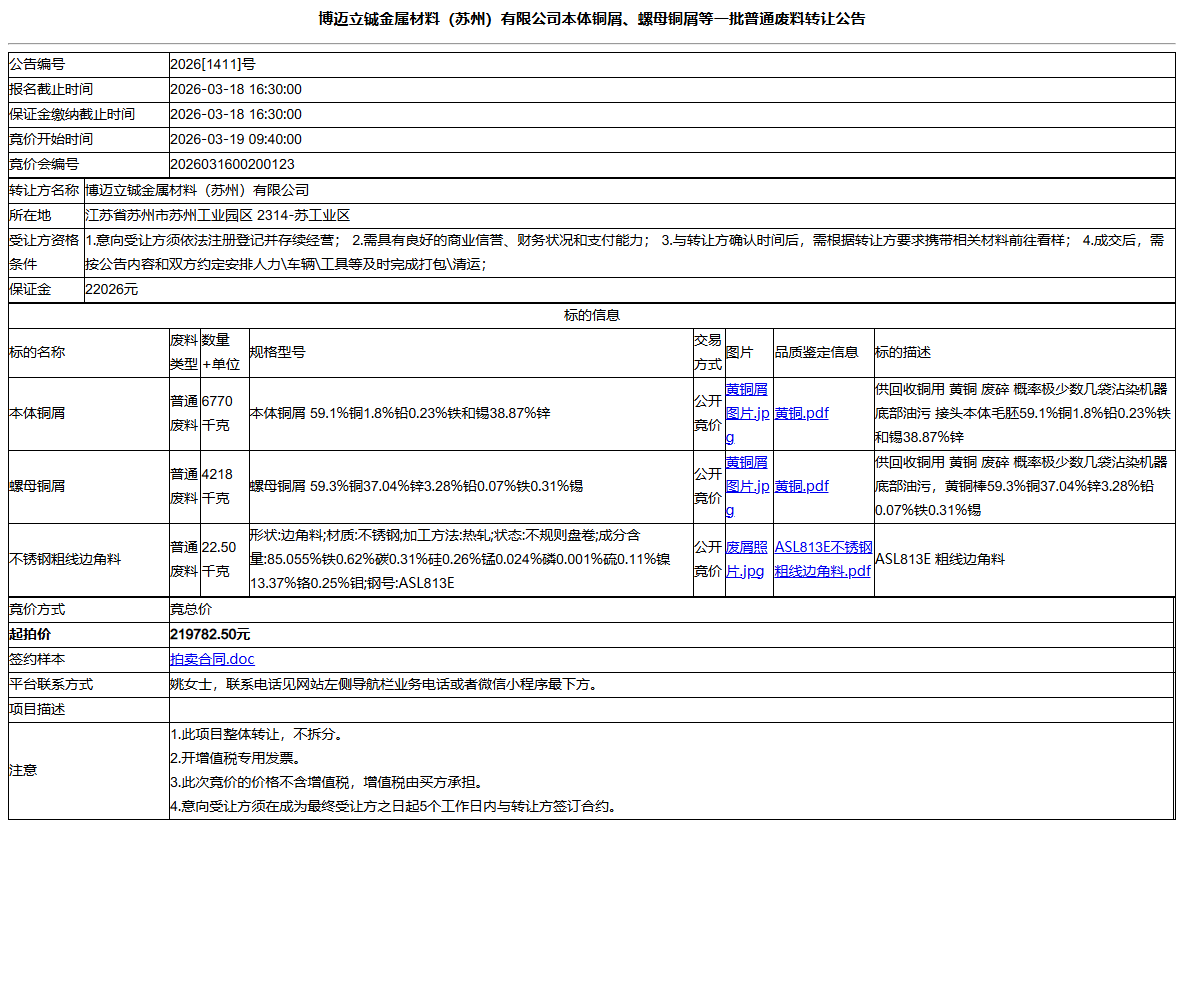博迈立铖金属材料（苏州）有限公司本体铜屑、螺母铜屑等一批普通废料转让公告