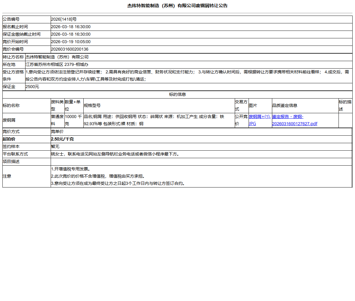 杰纬特智能制造（苏州）有限公司废钢屑转让公告