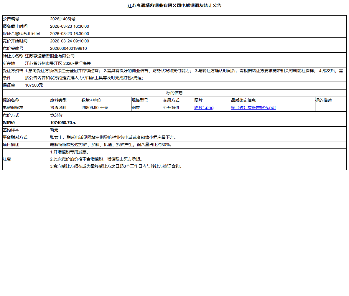 江苏亨通精密铜业有限公司电解铜铜灰转让公告