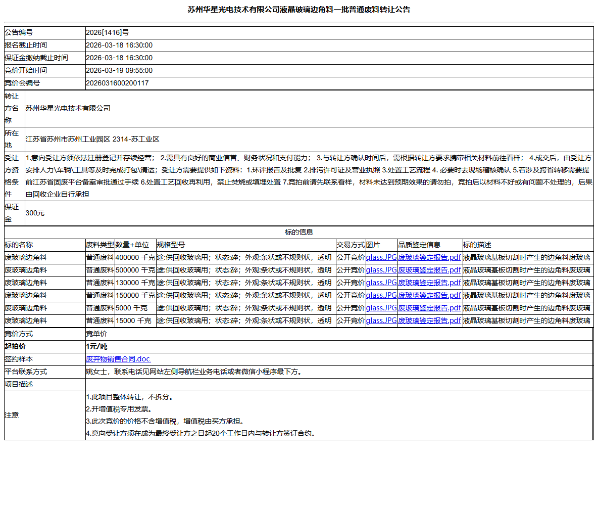 苏州华星光电技术有限公司液晶玻璃边角料一批普通废料转让公告