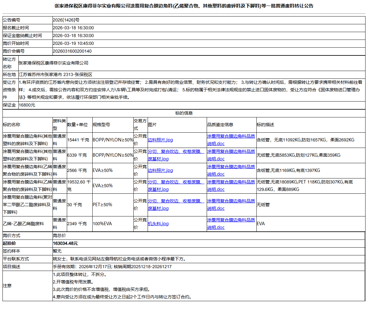 张家港保税区康得菲尔实业有限公司涂覆用复合膜边角料(乙烯聚合物、其他塑料的废碎料及下脚料)等一批普通废料转让公告
