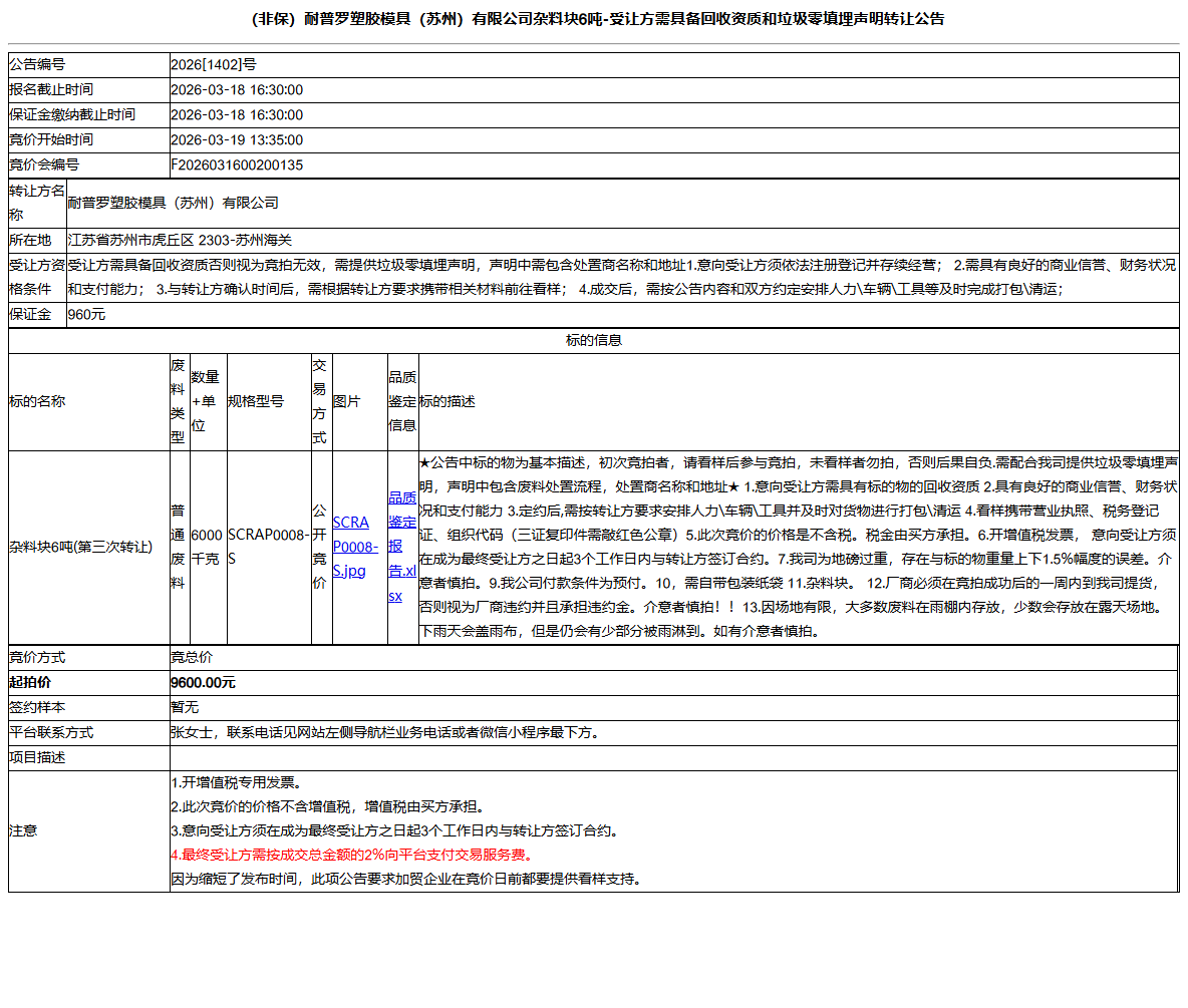 （非保）耐普罗塑胶模具（苏州）有限公司杂料块6吨-受让方需具备回收资质和垃圾零填埋声明转让公告