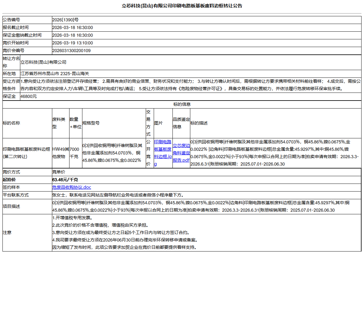 立芯科技(昆山)有限公司印刷电路板基板废料边框转让公告