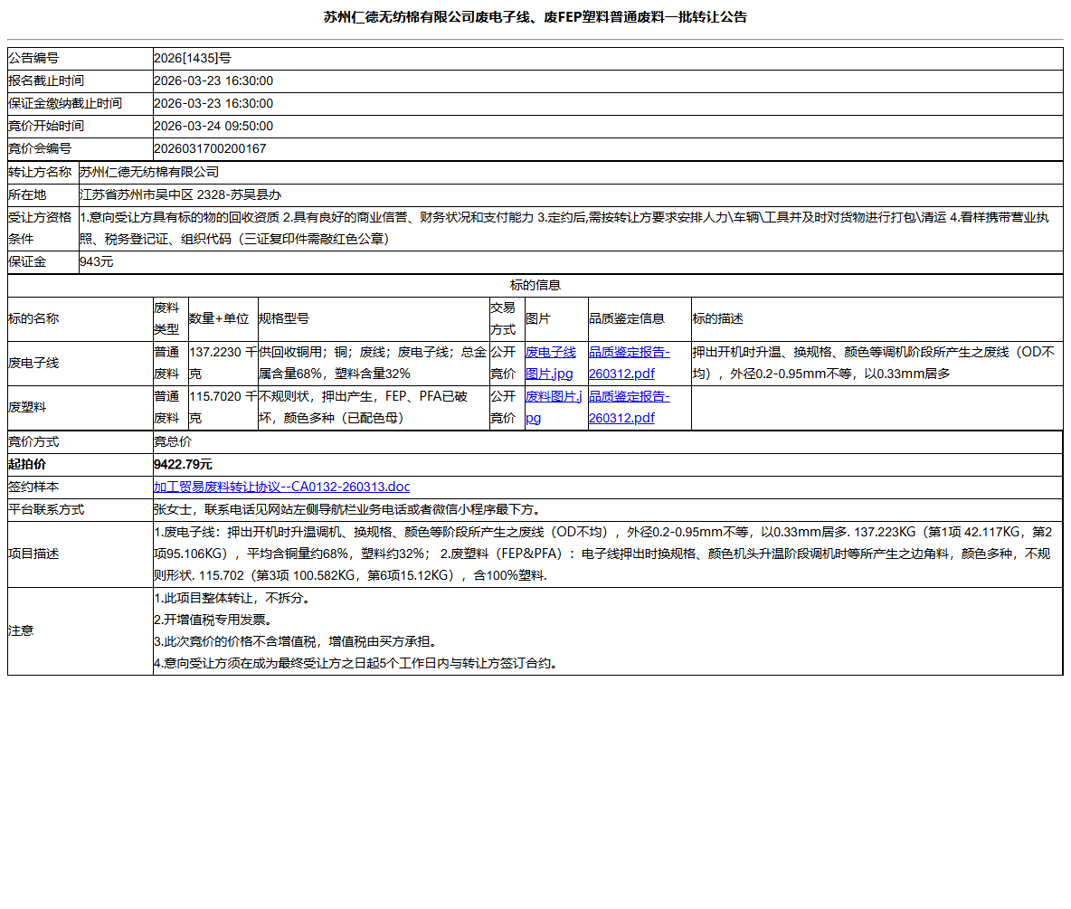 苏州仁德无纺棉有限公司废电子线、废FEP塑料普通废料一批转让公告