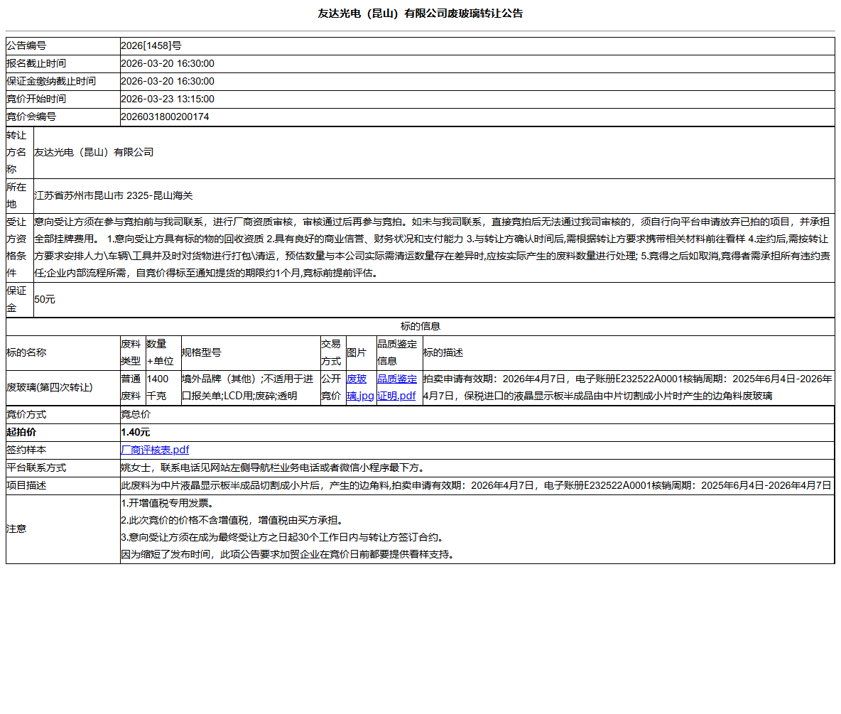 友达光电（昆山）有限公司废玻璃转让公告