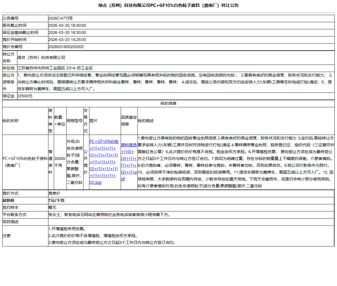绿点（苏州）科技有限公司PC+GF10%白色粒子废料（娄南厂）转让公告