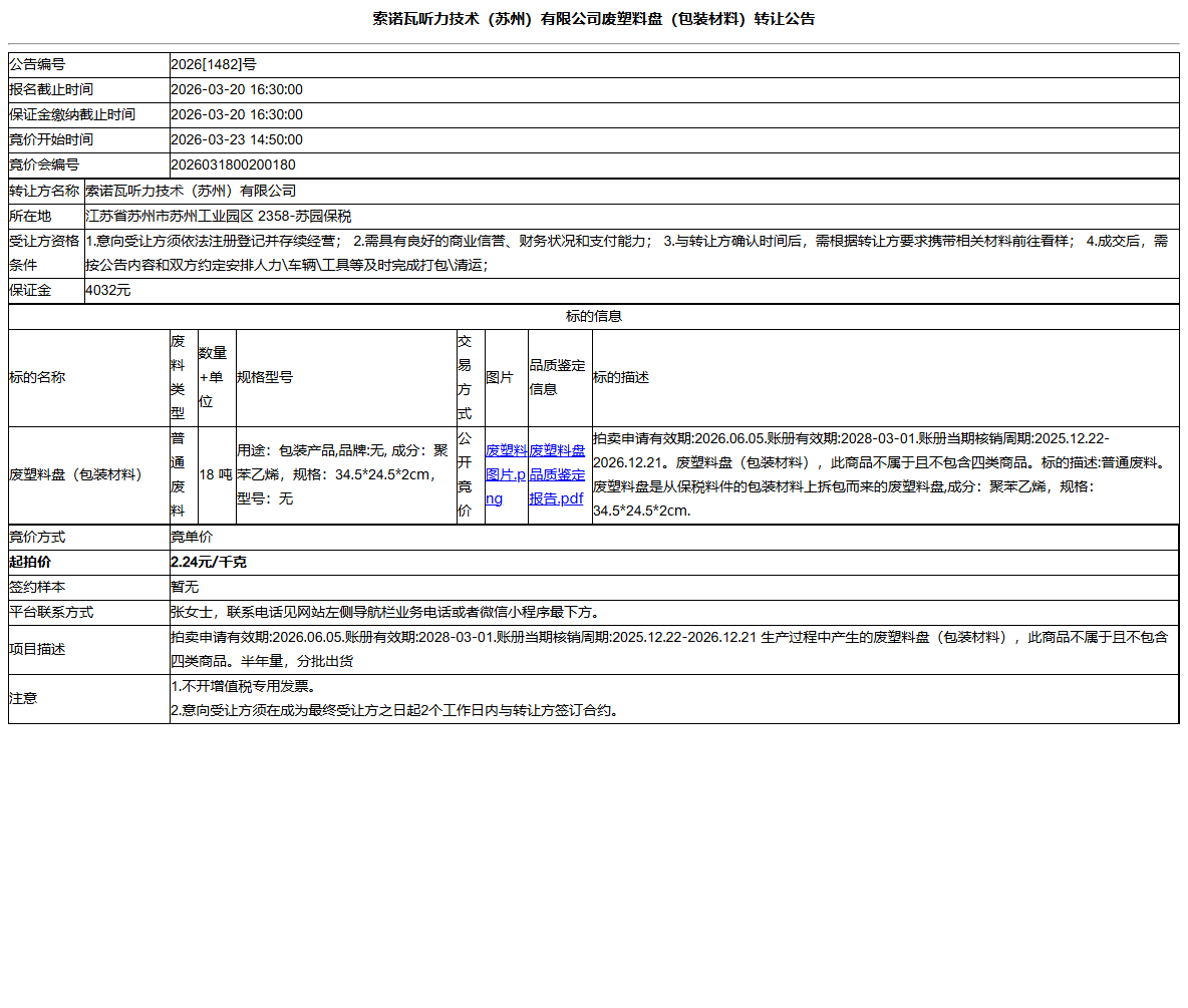 索诺瓦听力技术（苏州）有限公司废塑料盘（包装材料）转让公告