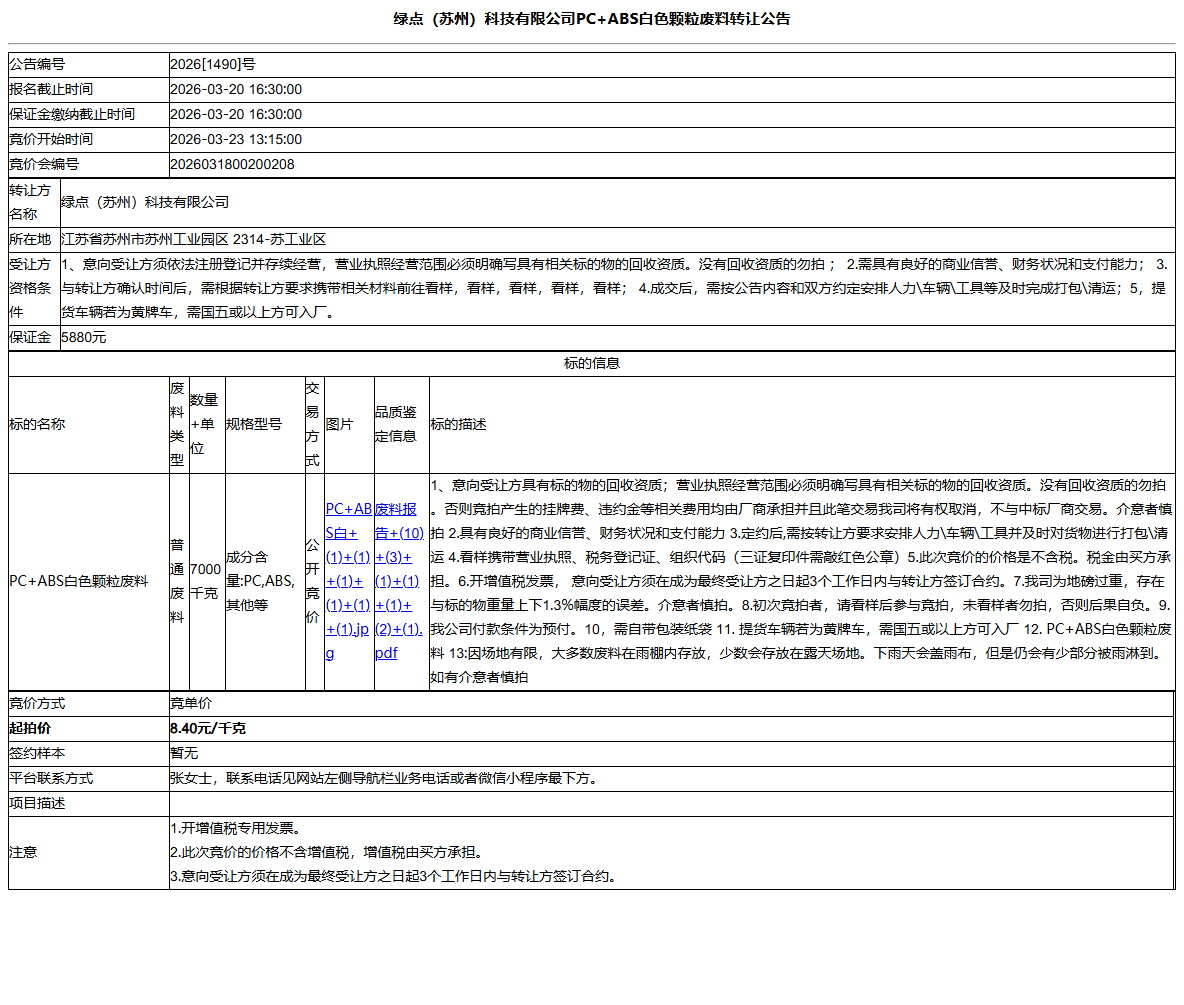 绿点（苏州）科技有限公司PC+ABS白色颗粒废料转让公告