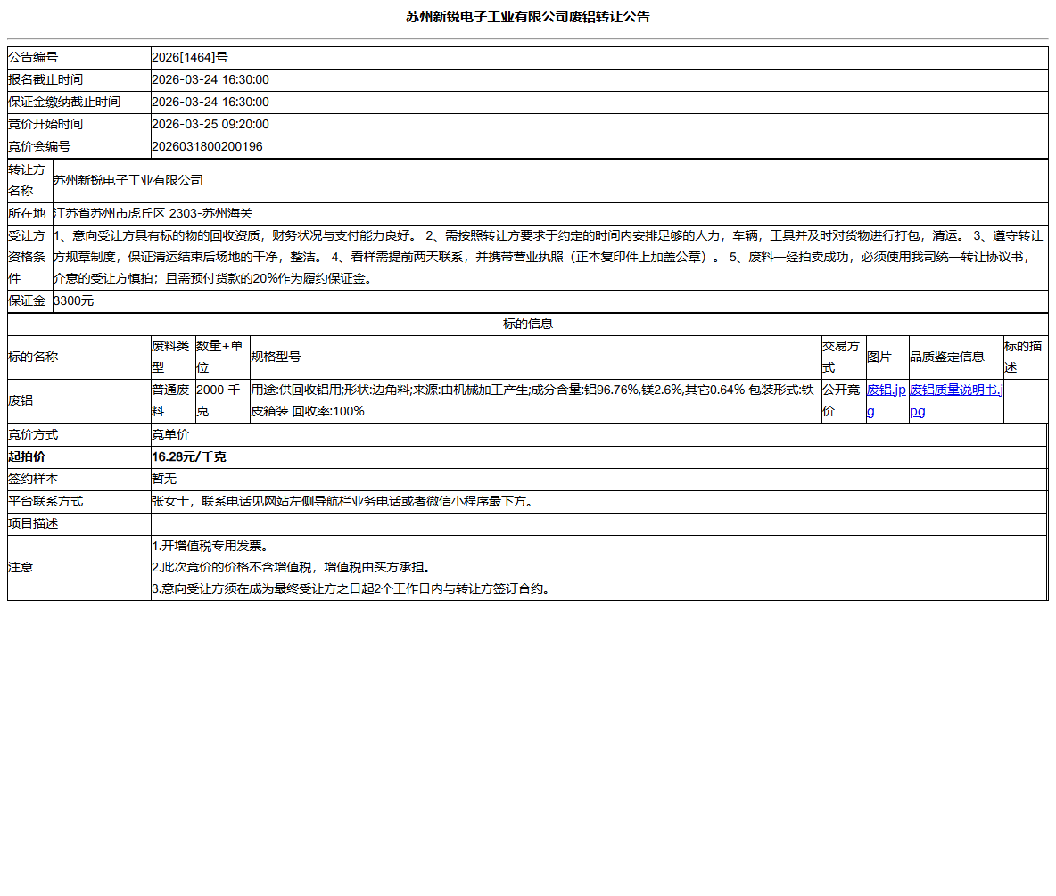 苏州新锐电子工业有限公司废铝转让公告
