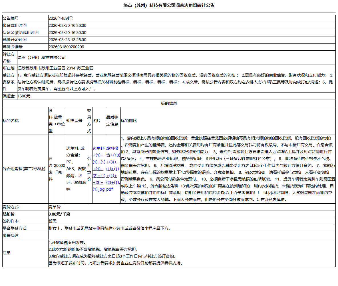 绿点（苏州）科技有限公司混合边角料转让公告