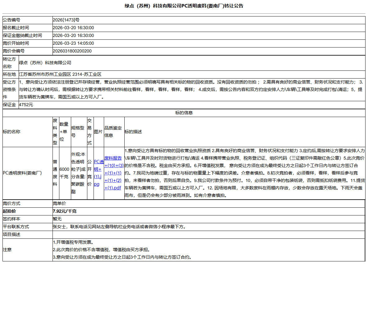 绿点（苏州）科技有限公司PC透明废料(娄南厂)转让公告