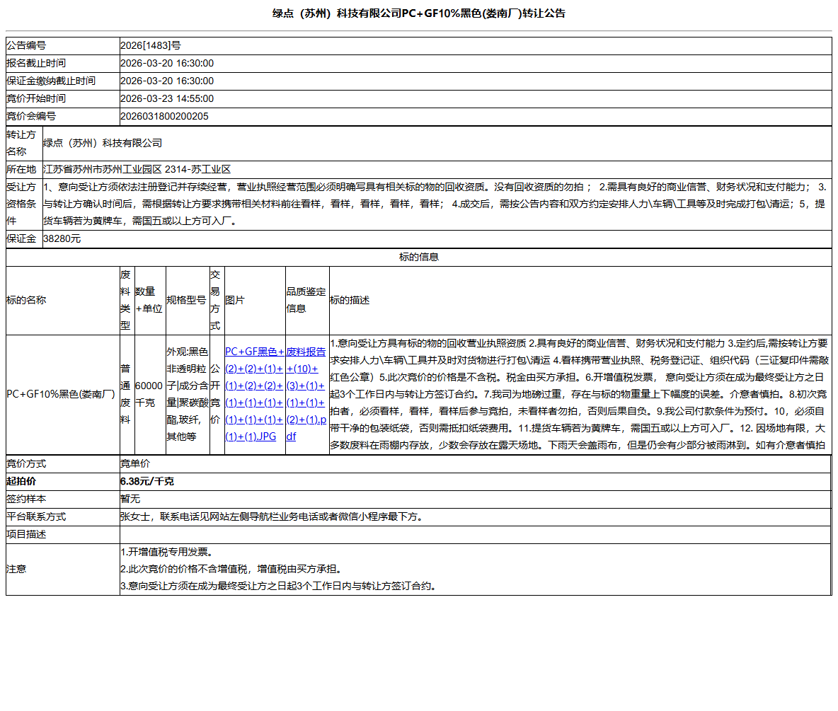 绿点（苏州）科技有限公司PC+GF10%黑色(娄南厂)转让公告