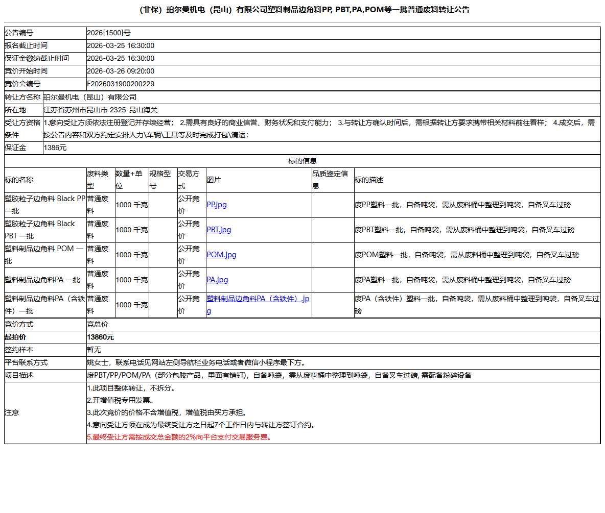 （非保）珀尔曼机电（昆山）有限公司塑料制品边角料PP, PBT,PA,POM等一批普通废料转让公告