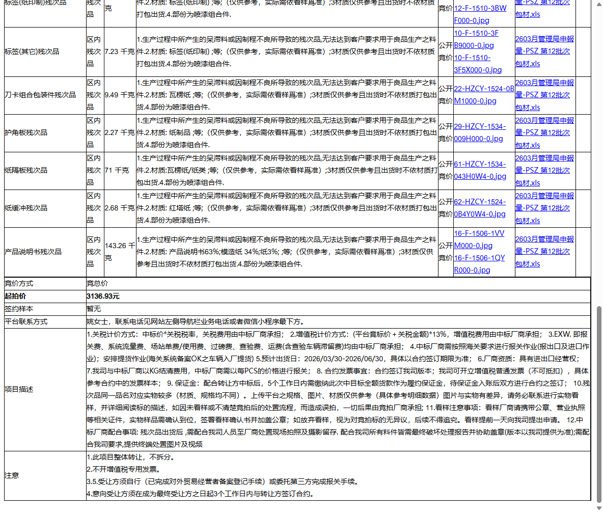名硕电脑（苏州）有限公司包装盒(瓦楞纸)残次品、塑料托盘残次品等一批区内残次品废料转让公告