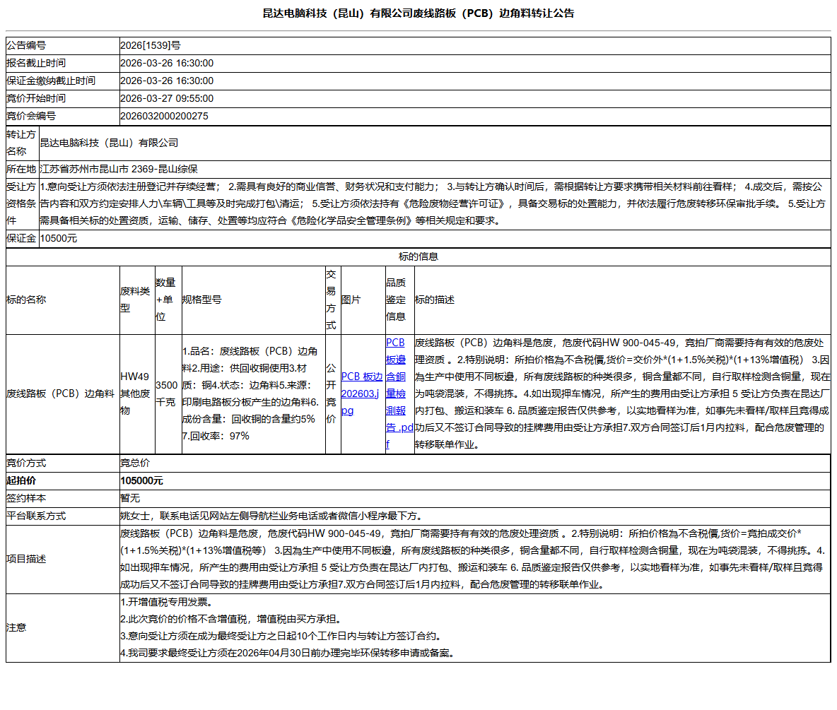 昆达电脑科技（昆山）有限公司废线路板（PCB）边角料转让公告