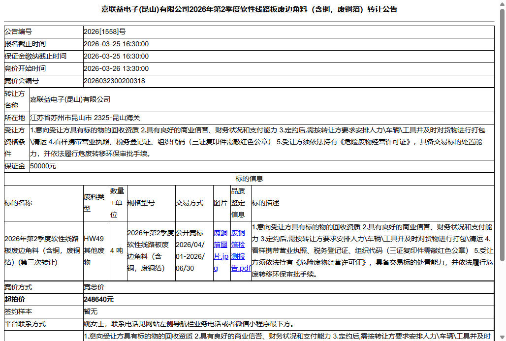 嘉联益电子(昆山)有限公司2026年第2季度软性线路板废边角料（含铜，废铜箔）转让公告