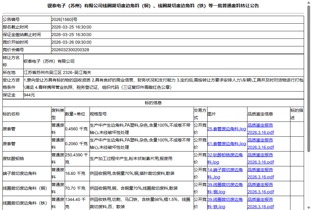 钡泰电子（苏州）有限公司线圈裁切废边角料（铜）、线圈裁切废边角料（铁）等一批普通废料转让公告