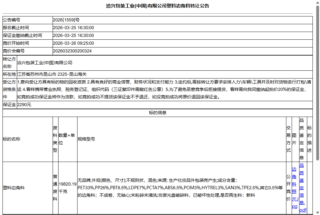 洽兴包装工业(中国)有限公司塑料边角料转让公告