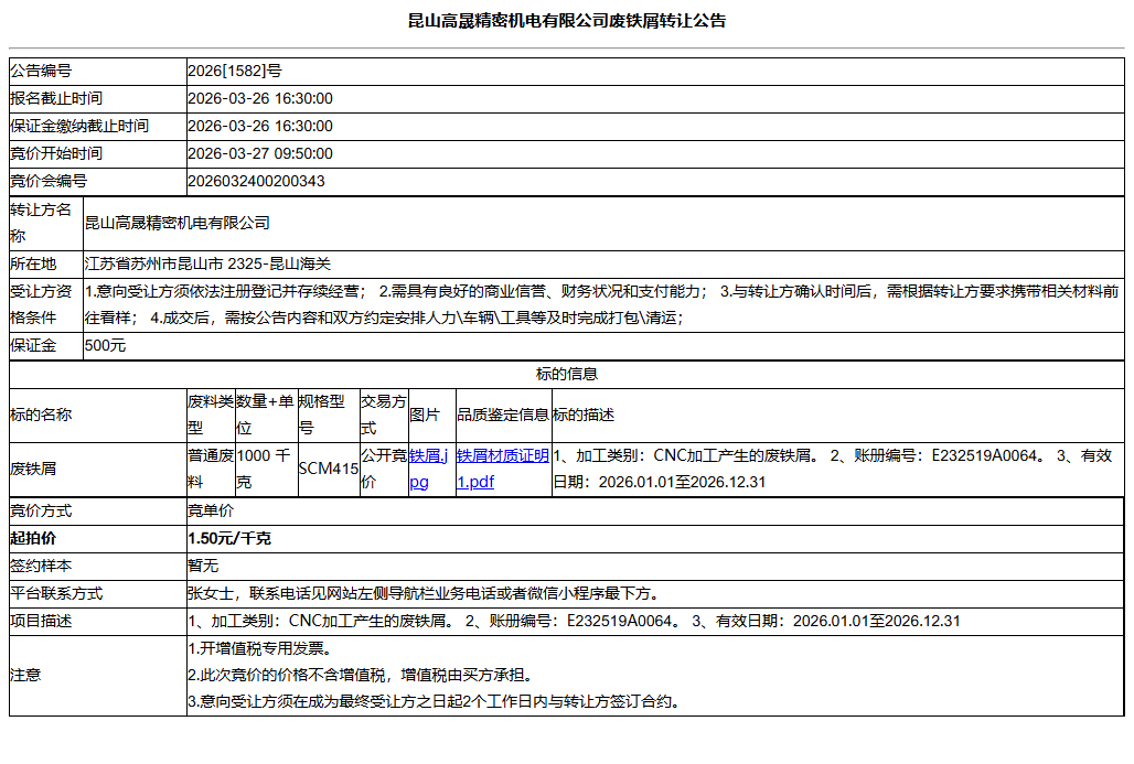 昆山高晟精密机电有限公司废铁屑转让公告