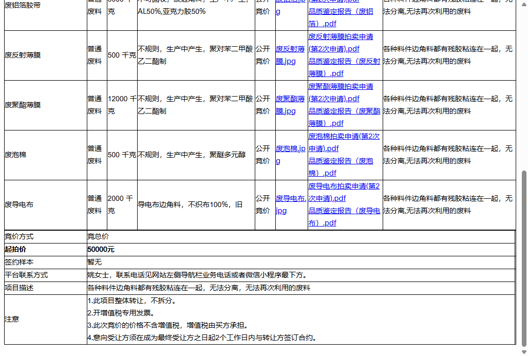 苏州维鲸电子绝缘材料有限公司废双面胶、废聚酯薄膜等一批普通废料转让公告