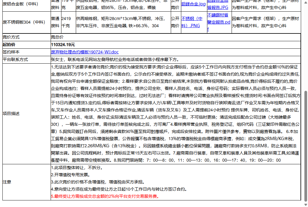 （非保）辅讯光电工业（苏州）有限公司废铝合金板、废不锈钢板304（中料）等一批普通废料转让公告