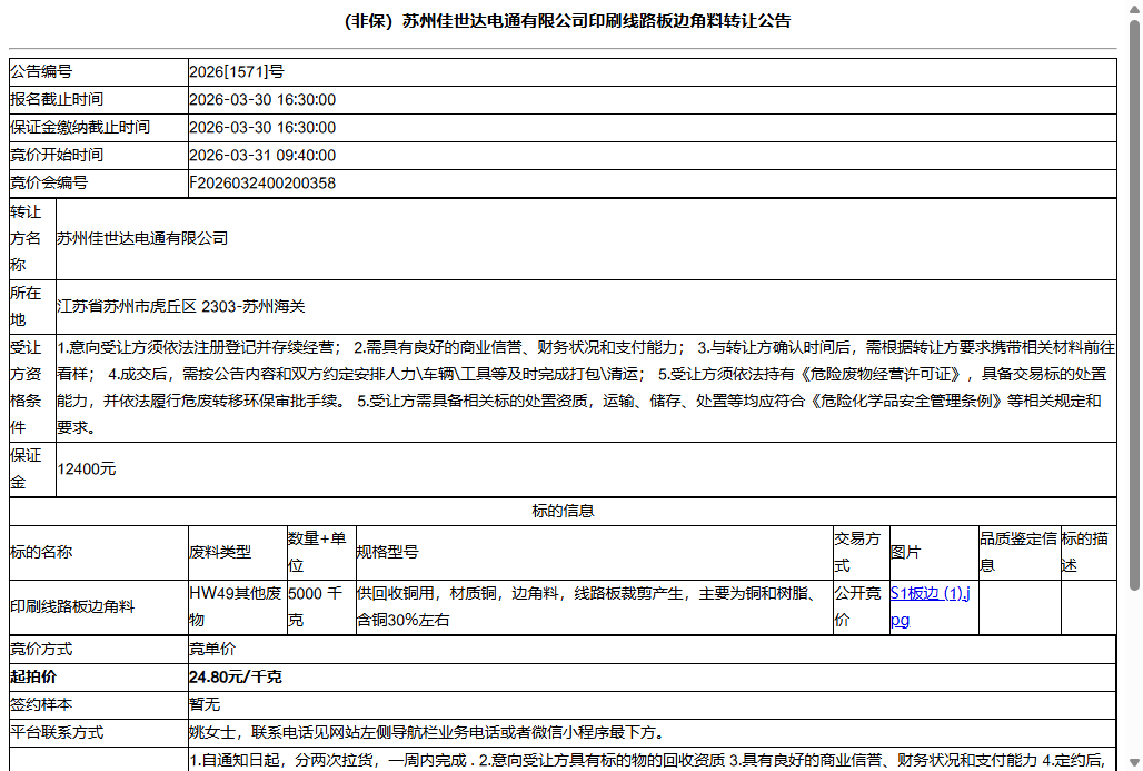 （非保）苏州佳世达电通有限公司印刷线路板边角料转让公告