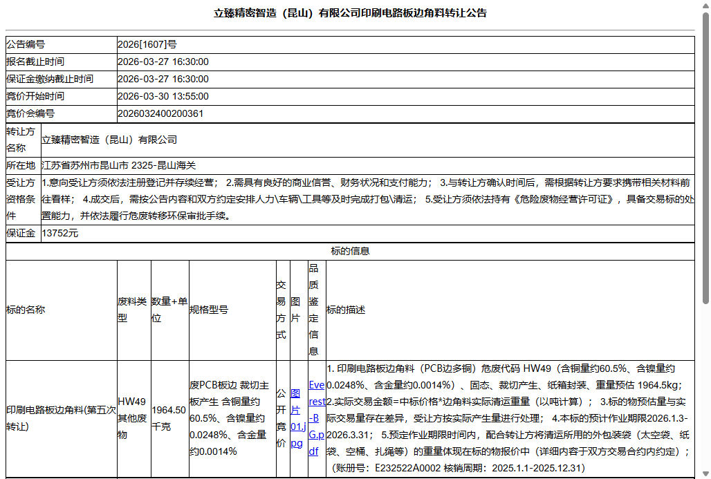 立臻精密智造（昆山）有限公司印刷电路板边角料转让公告