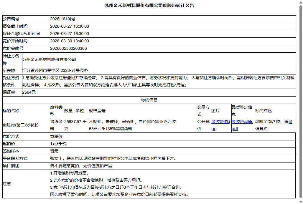苏州金禾新材料股份有限公司废胶带转让公告