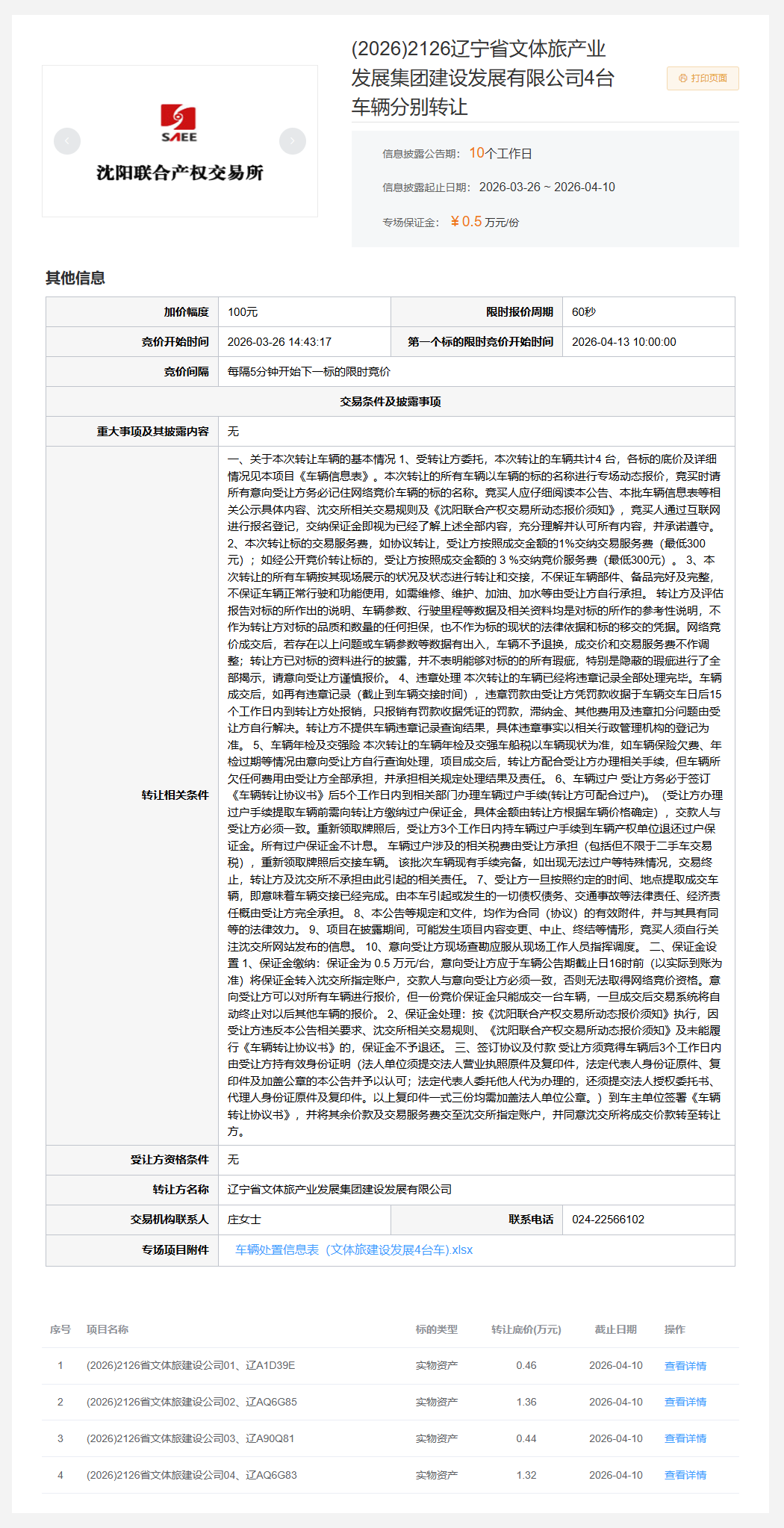 4月13日沈阳市产业公司4台车辆转让公告