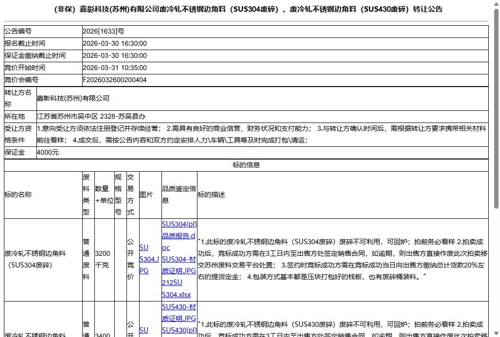 （非保）嘉彰科技(苏州)有限公司废冷轧不锈钢边角料（SUS304废碎）、废冷轧不锈钢边角料（SUS430废碎）转让公告
