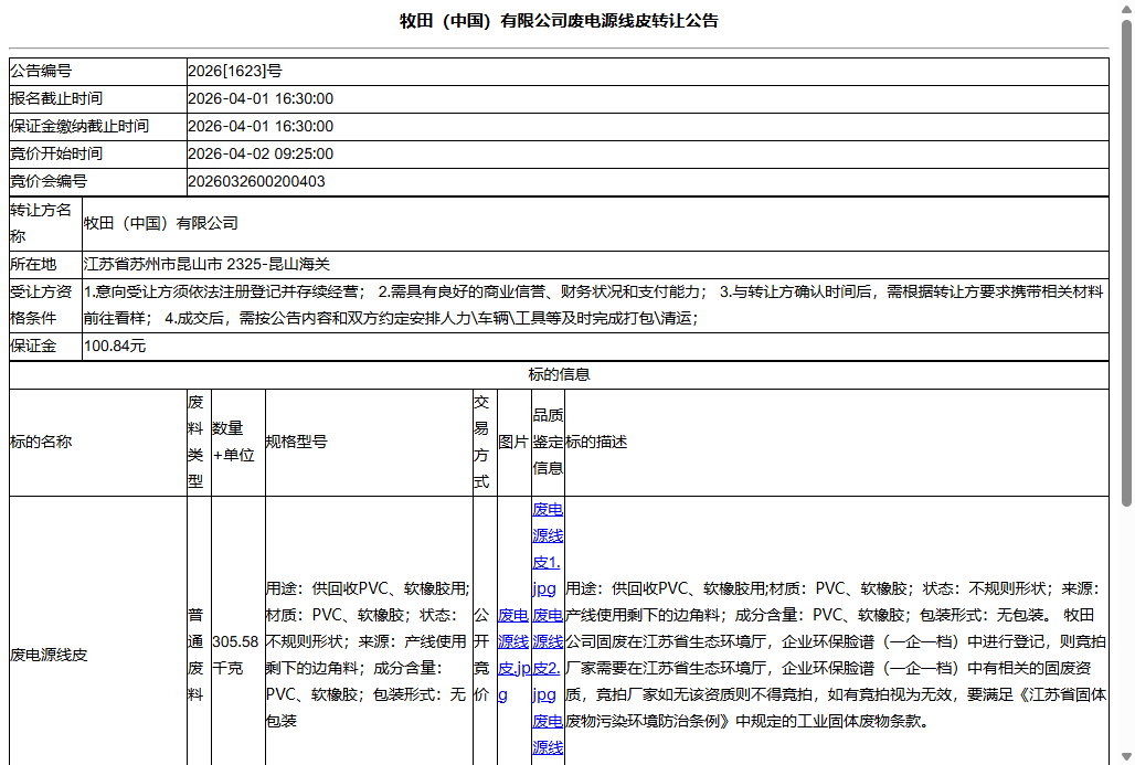 牧田（中国）有限公司废电源线皮转让公告